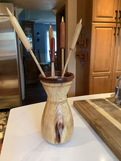 Hickory Urn with turned Cattails